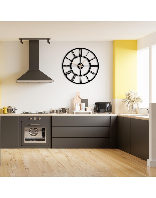 Black metal Roman numeral wall clock suitable for living room